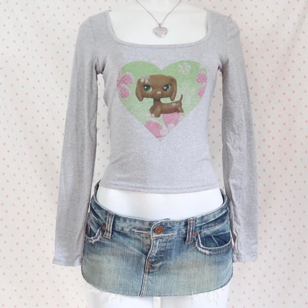 Y2K LPS Dachshund Long Sleeve Top Grey Scoop Neck Floral Heart Tee